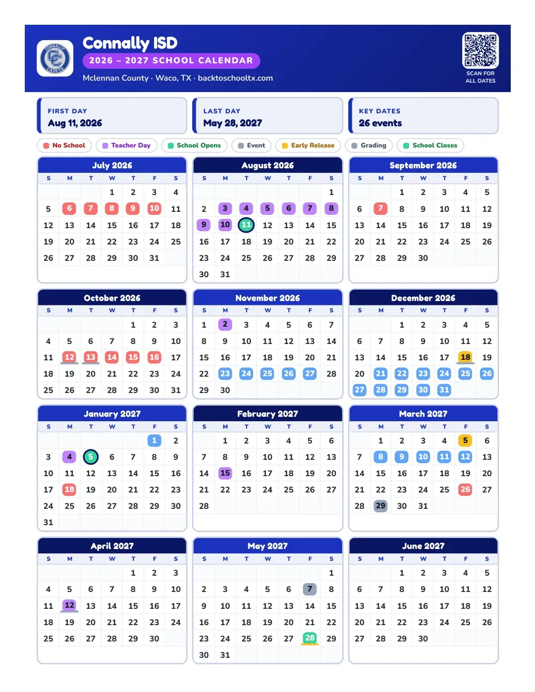 Connally ISD Calendar for the Year 26-27