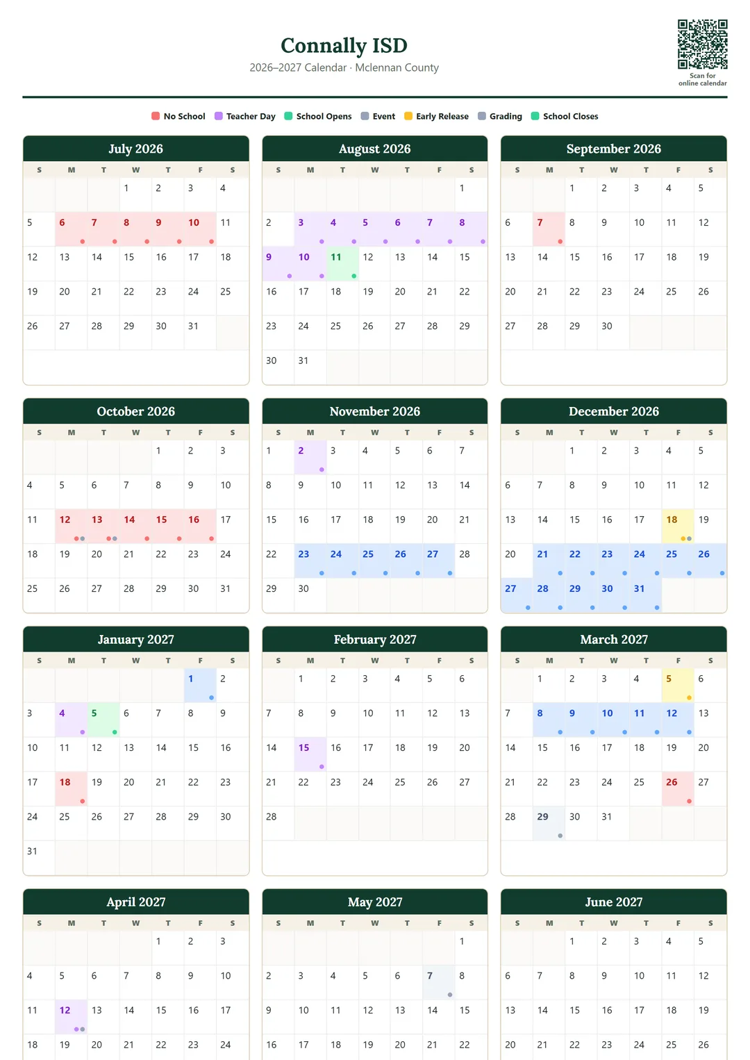 Connally ISD printable 2026–2027 calendar