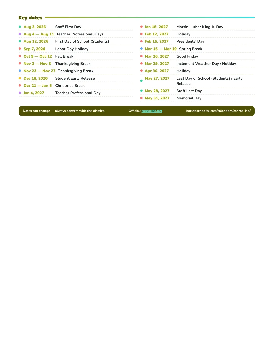 Conroe ISD Calendar for the Year 26-27 — key dates