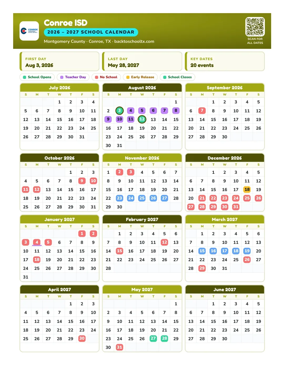 Conroe ISD Calendar for the Year 26-27