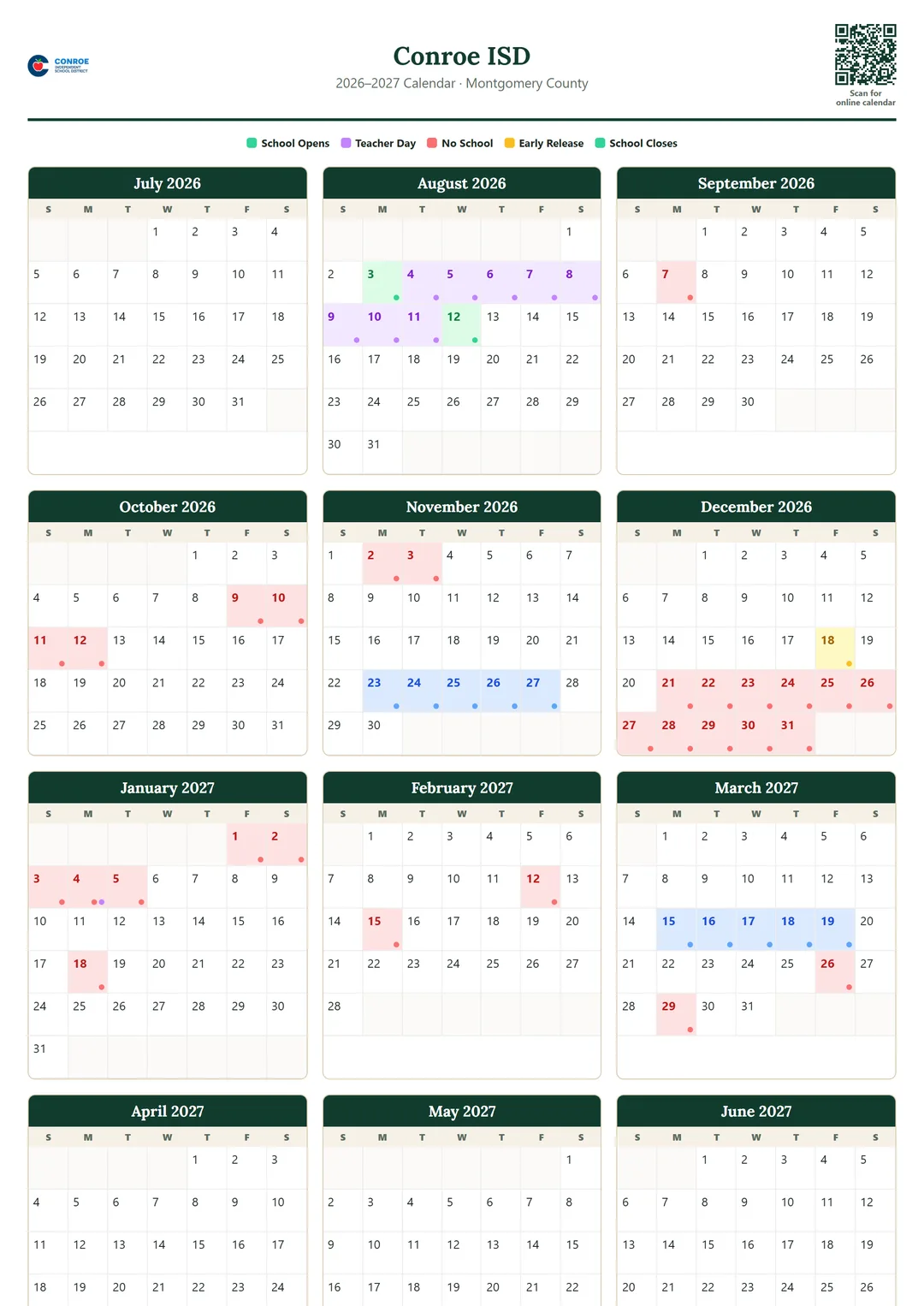 Conroe ISD printable 2026–2027 calendar