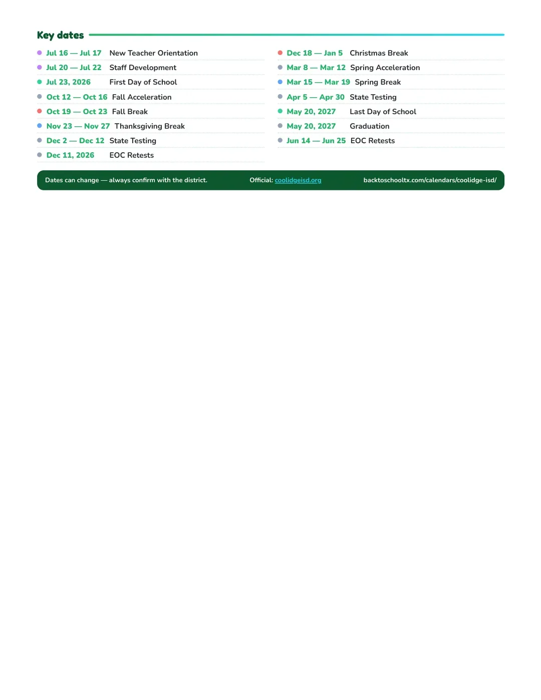 Coolidge ISD Calendar for the Year 26-27 — key dates