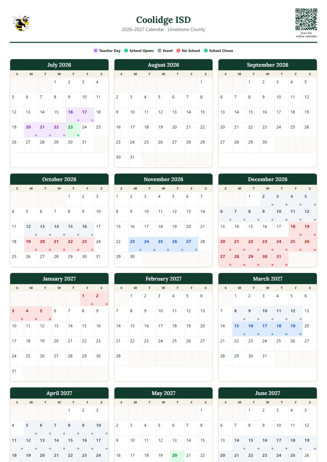 Coolidge ISD printable 2026–2027 calendar