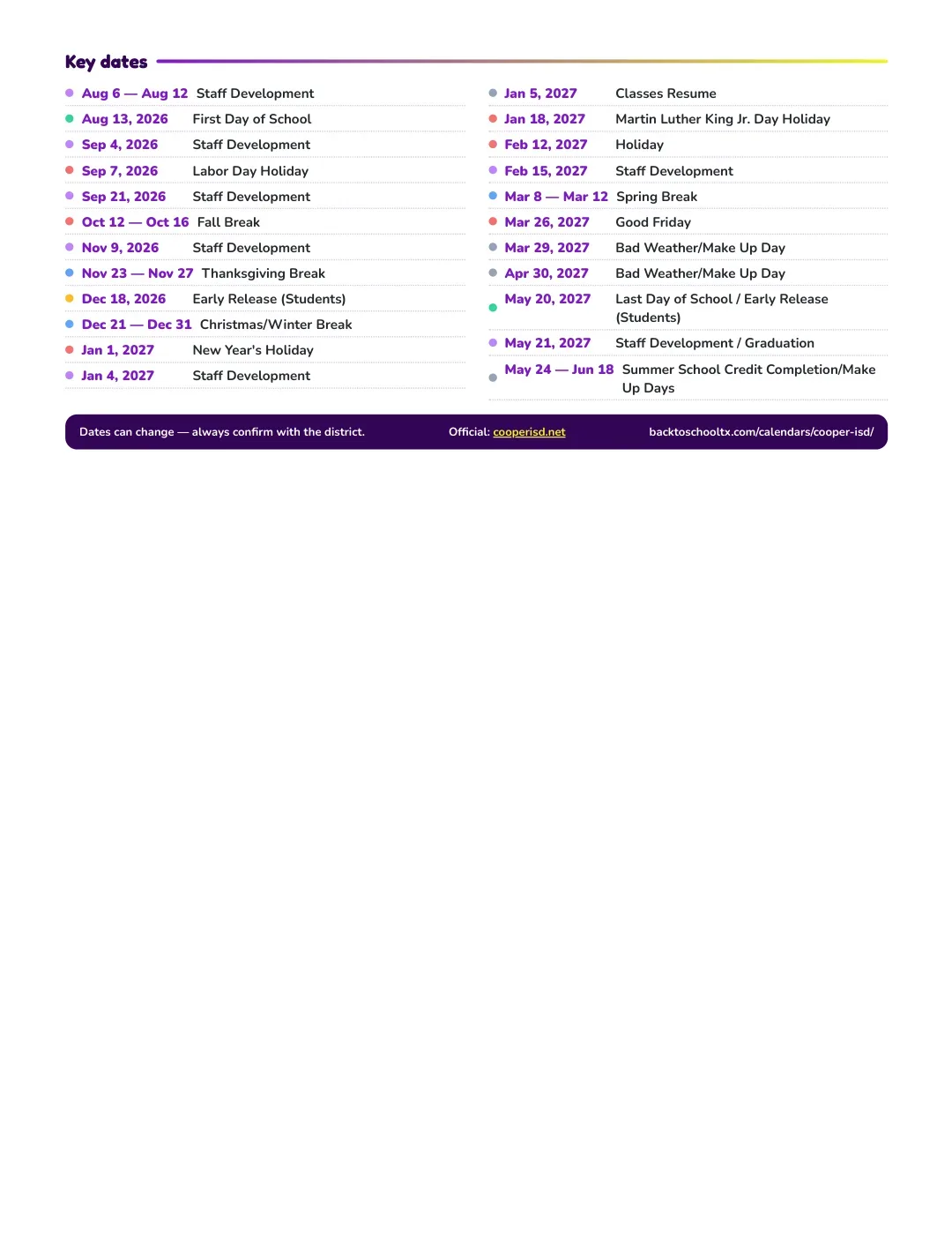 Cooper ISD Calendar for the Year 26-27 — key dates