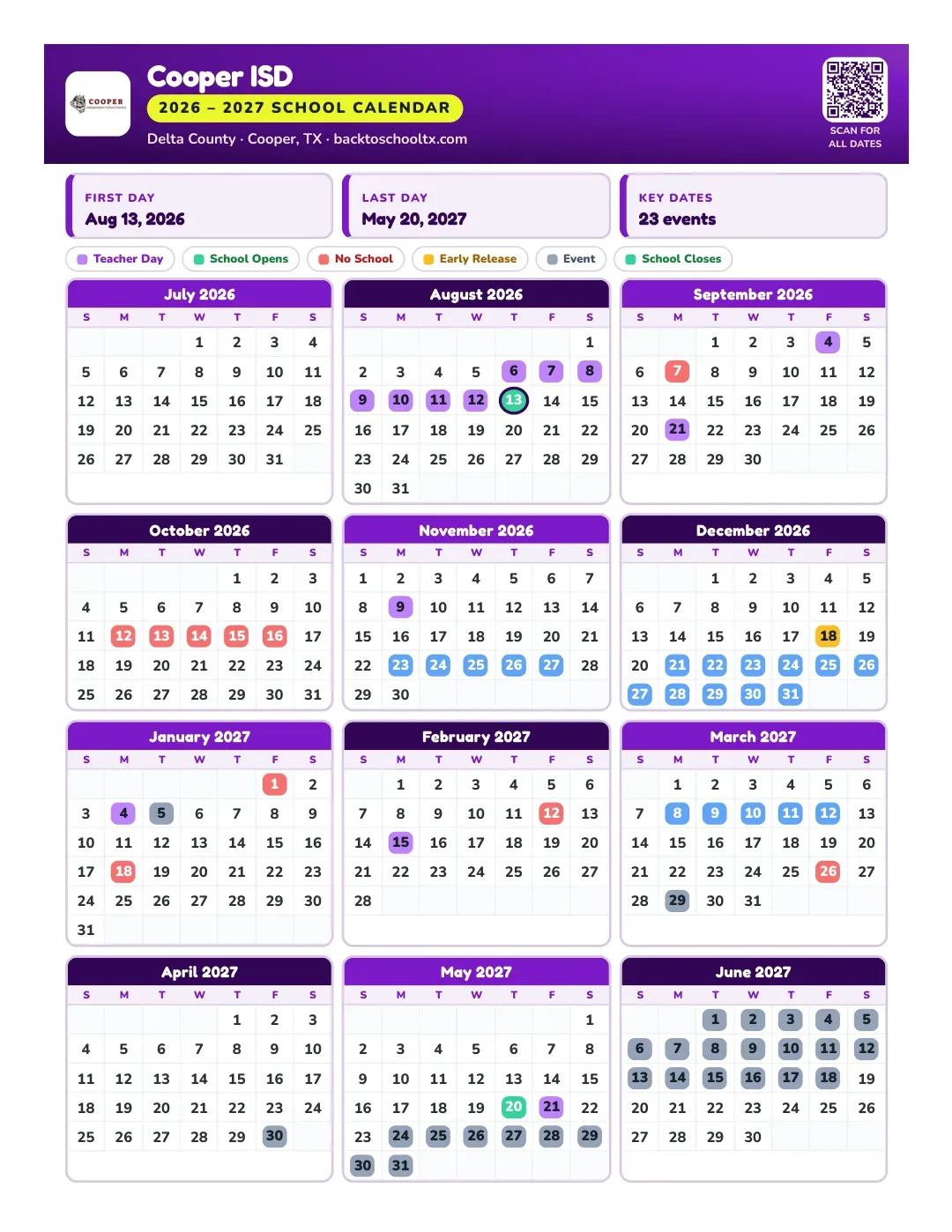 Cooper ISD Calendar for the Year 26-27
