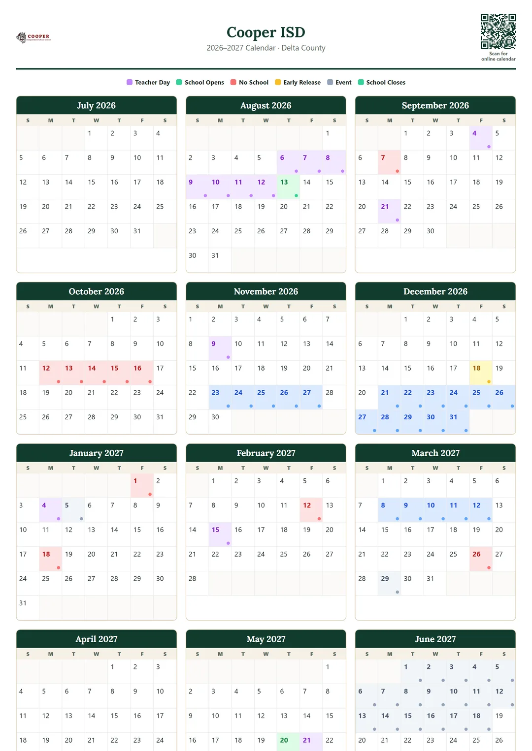 Cooper ISD printable 2026–2027 calendar