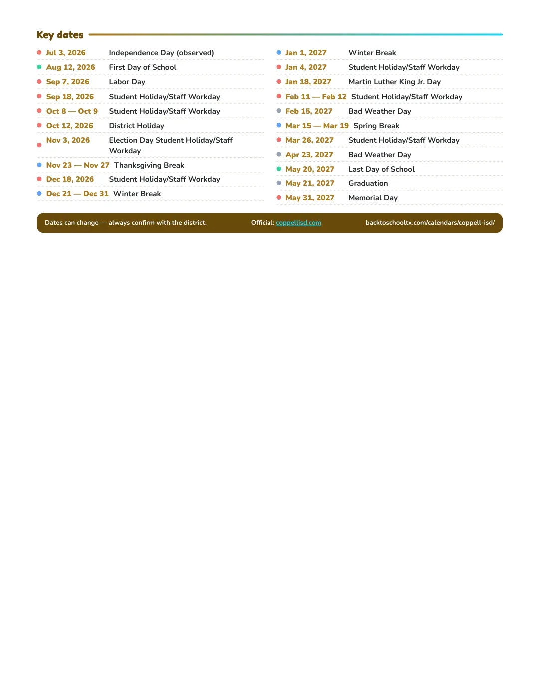 Coppell ISD Calendar for the Year 26-27 — key dates