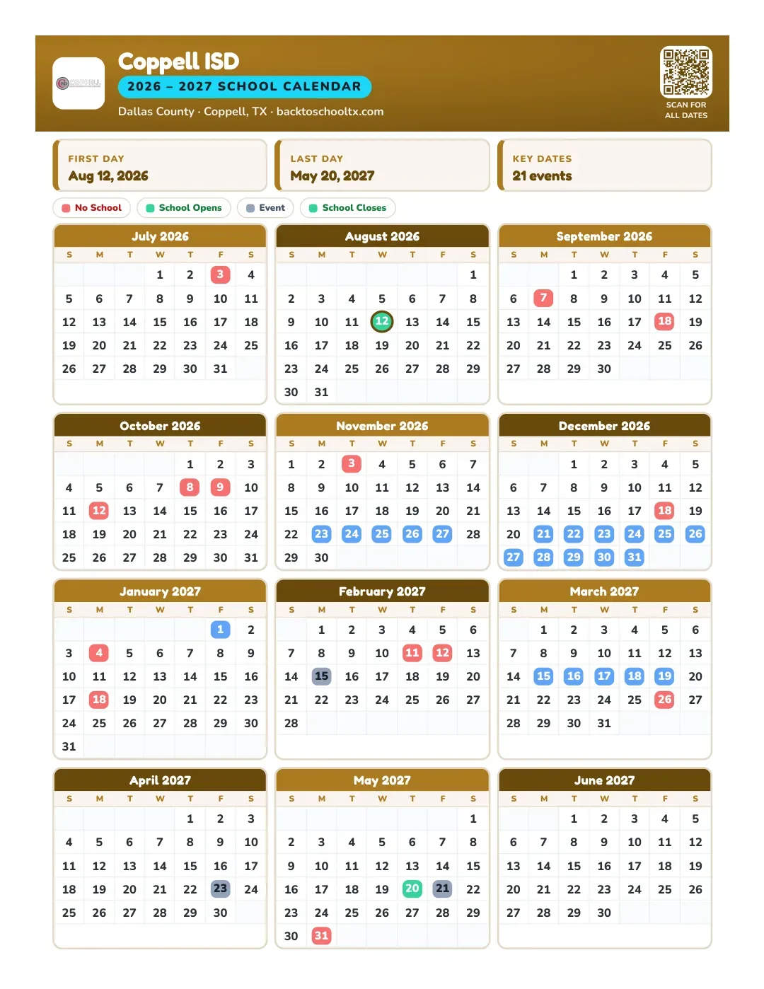 Coppell ISD Calendar for the Year 26-27
