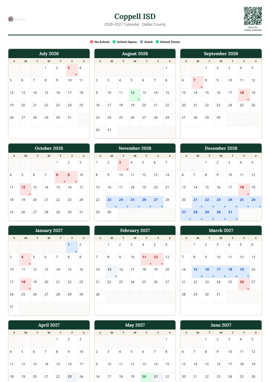 Coppell ISD printable 2026–2027 calendar