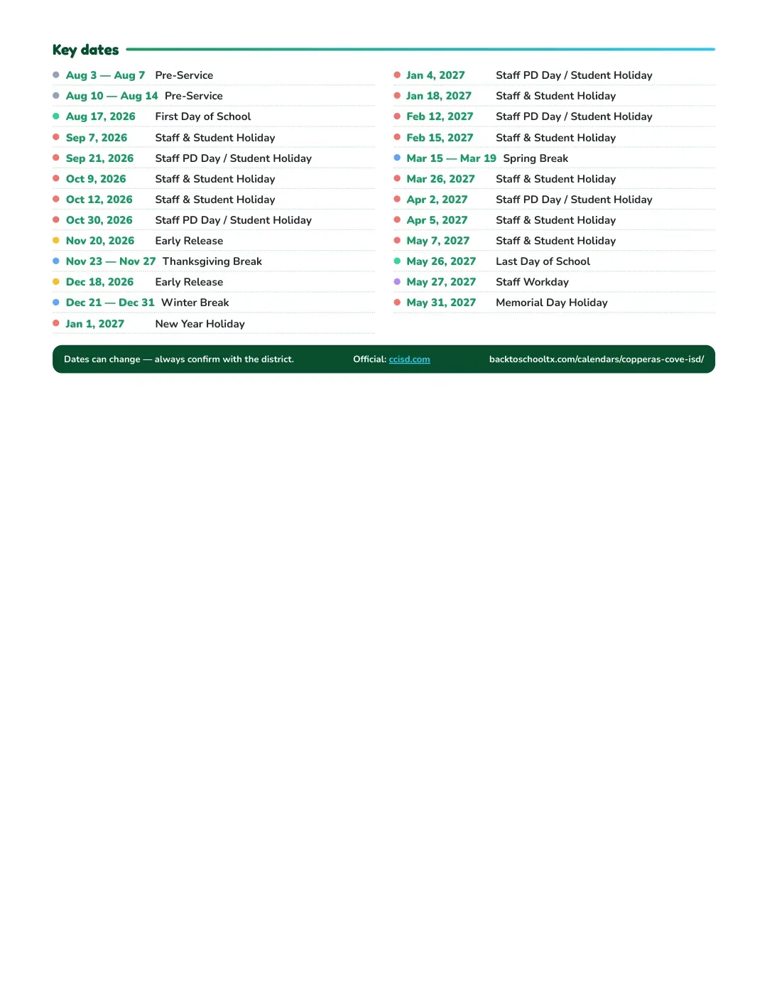 Copperas Cove ISD Calendar for the Year 26-27 — key dates