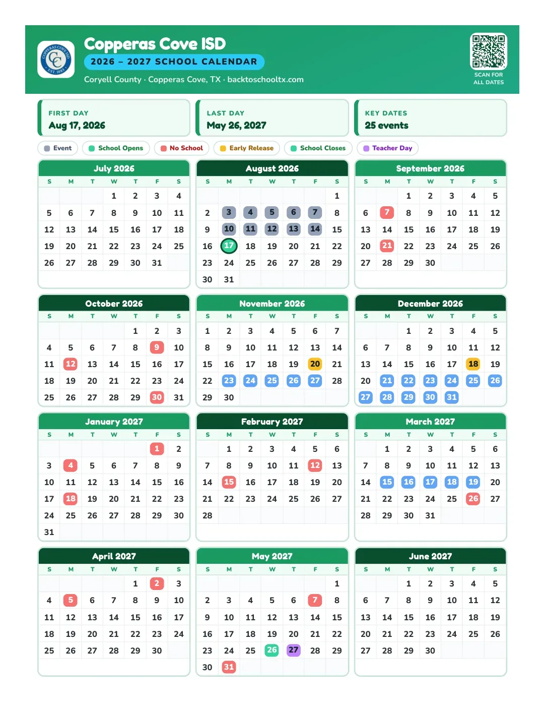 Copperas Cove ISD Calendar for the Year 26-27