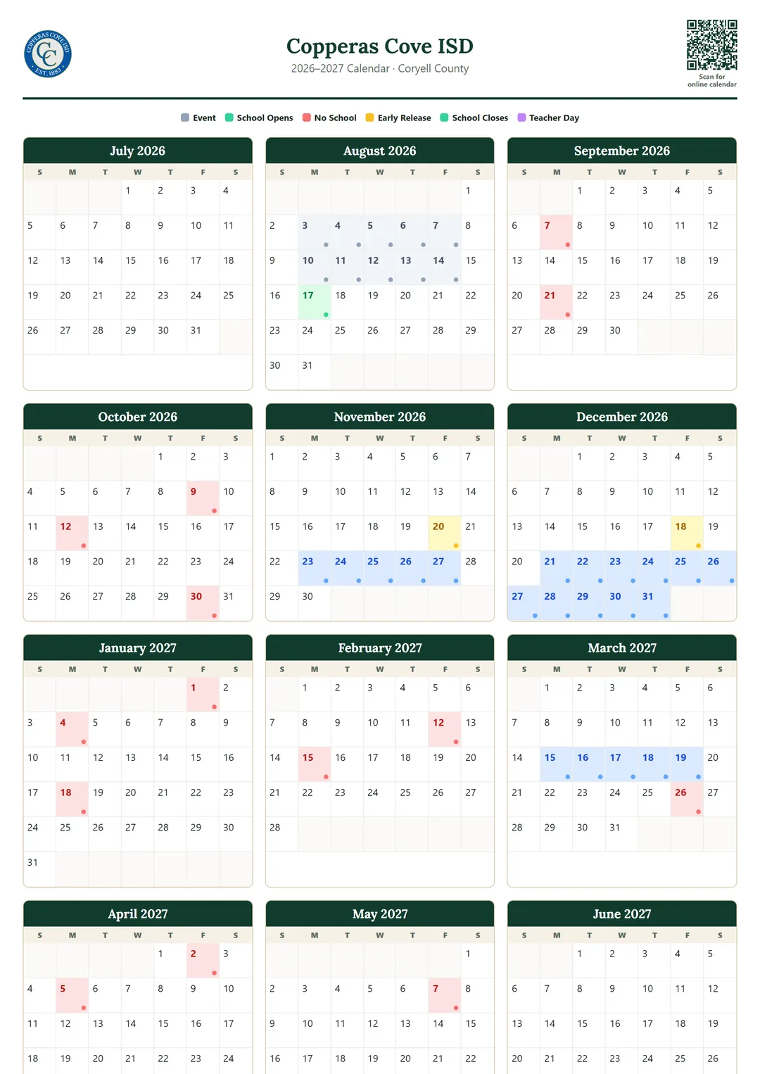 Copperas Cove ISD printable 2026–2027 calendar