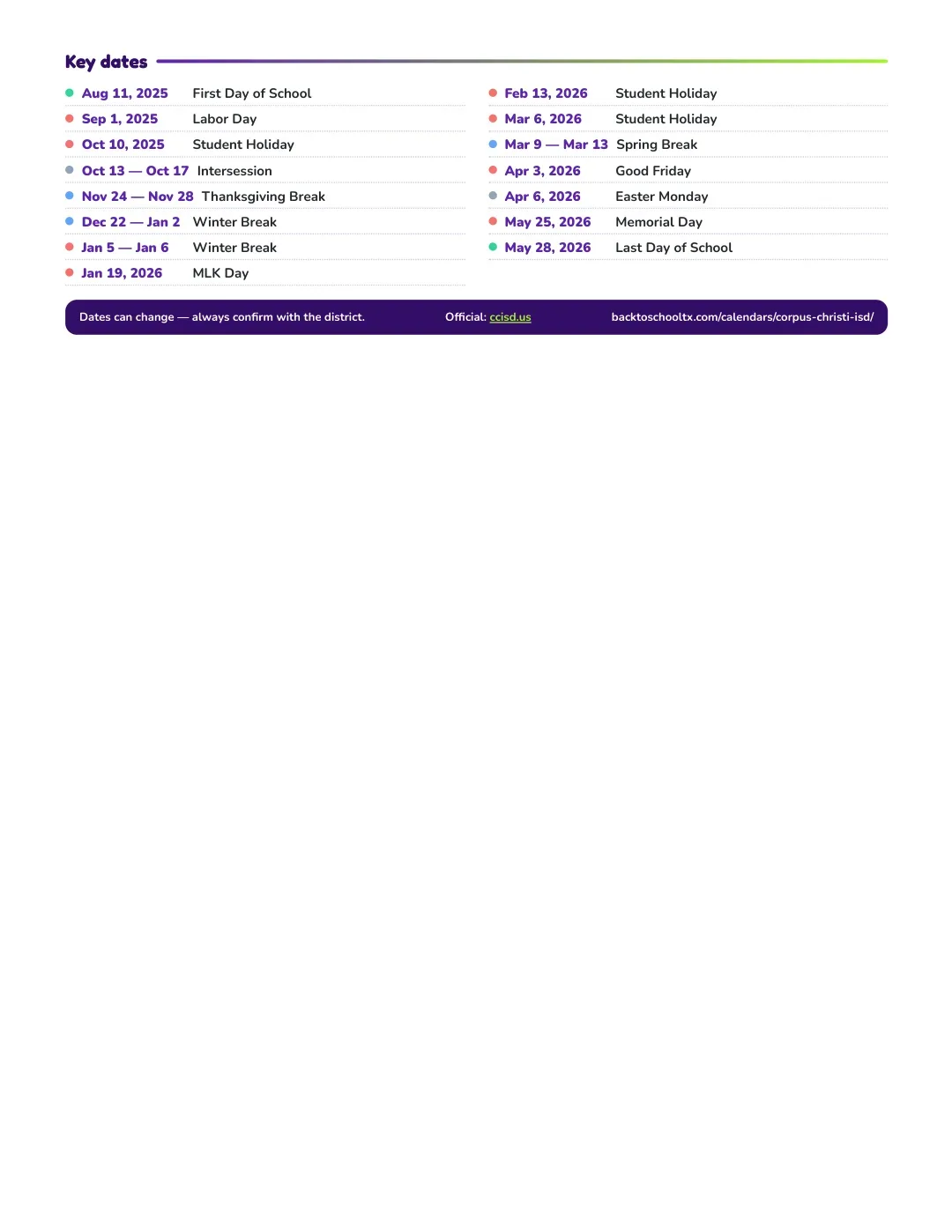 Corpus Christi ISD Calendar for the Year 26-27 — key dates