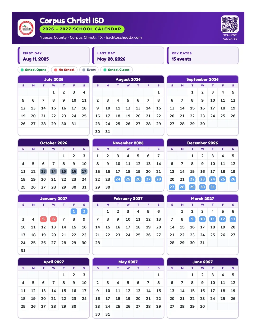 Corpus Christi ISD Calendar for the Year 26-27