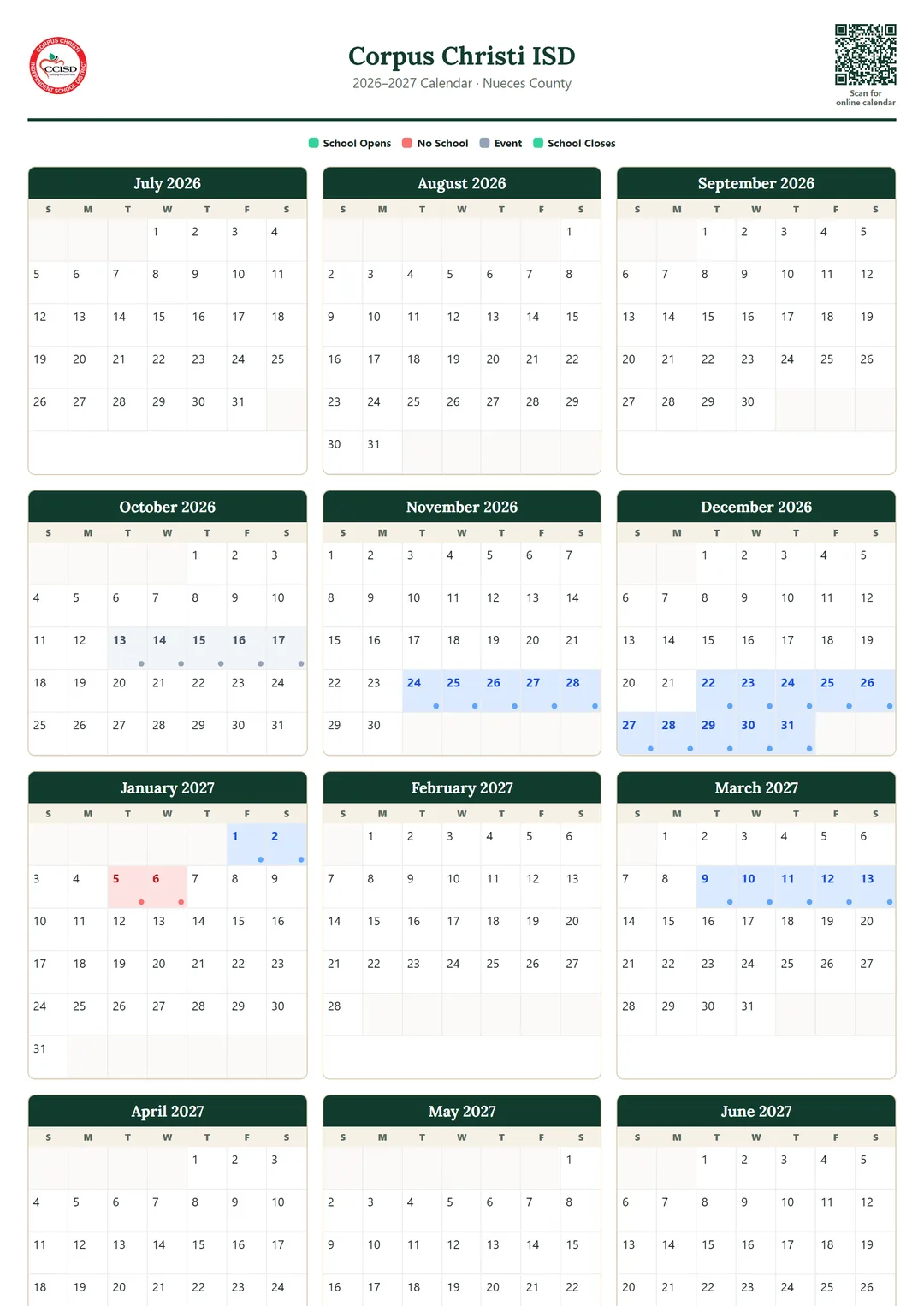 Corpus Christi ISD printable 2026–2027 calendar