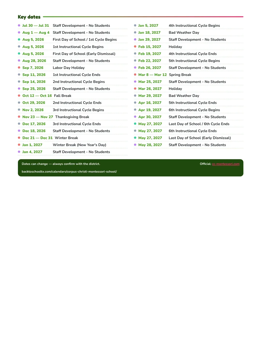 Corpus Christi Montessori School Calendar for the Year 26-27 — key dates