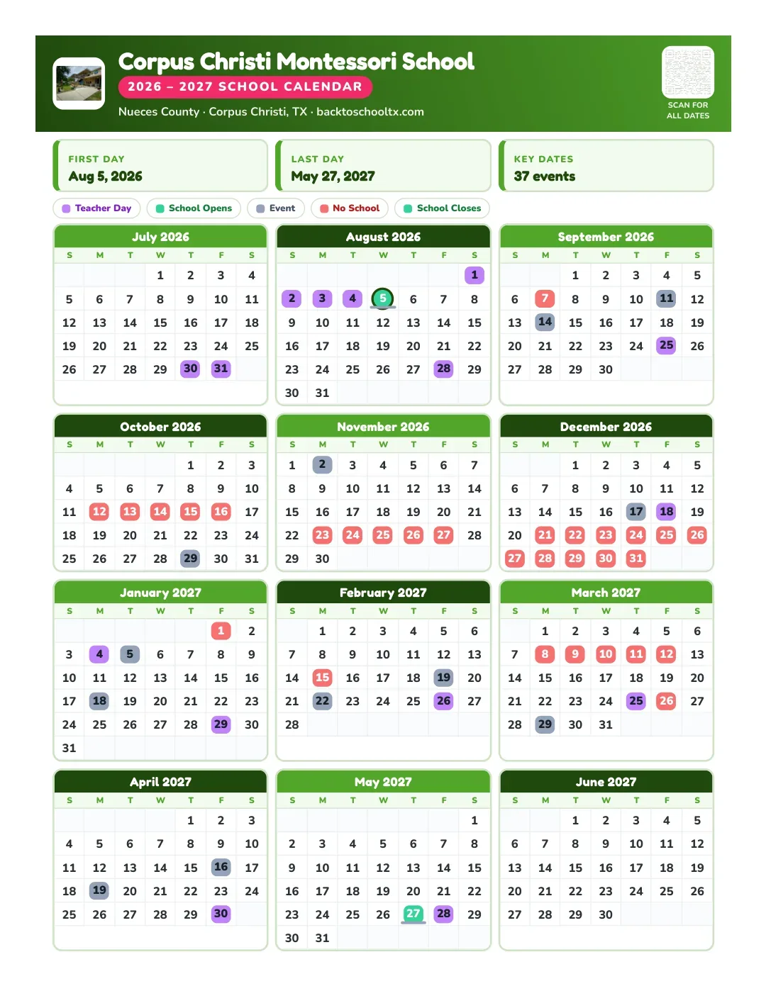 Corpus Christi Montessori School Calendar for the Year 26-27