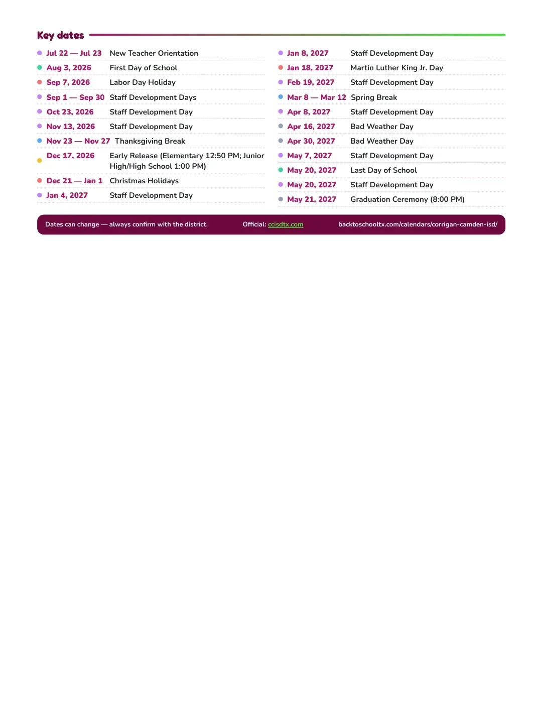 Corrigan-camden ISD Calendar for the Year 26-27 — key dates