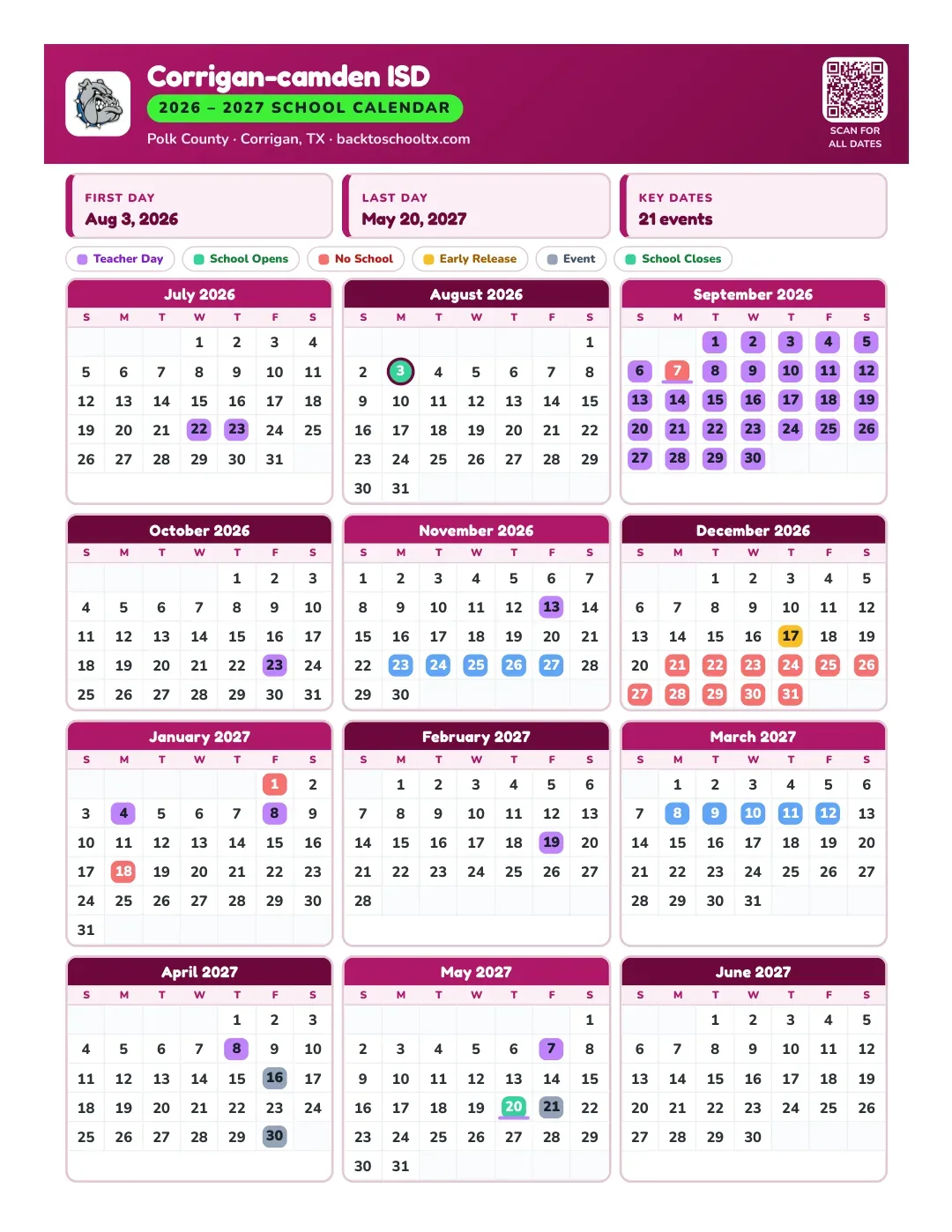 Corrigan-camden ISD Calendar for the Year 26-27