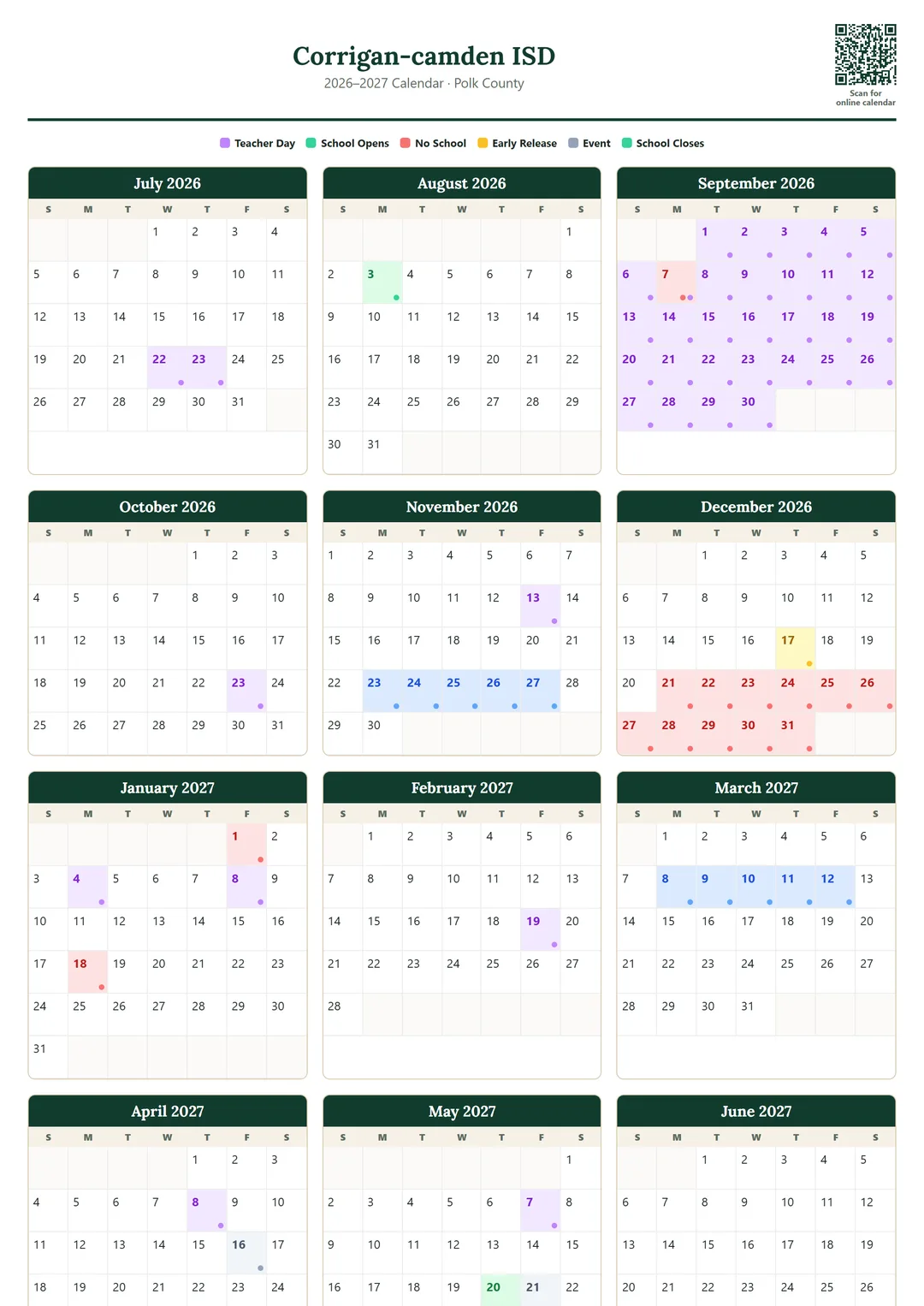 Corrigan-camden ISD printable 2026–2027 calendar