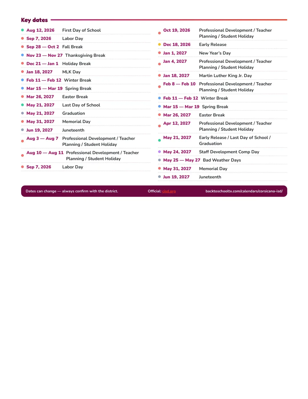 Corsicana ISD Calendar for the Year 26-27 — key dates