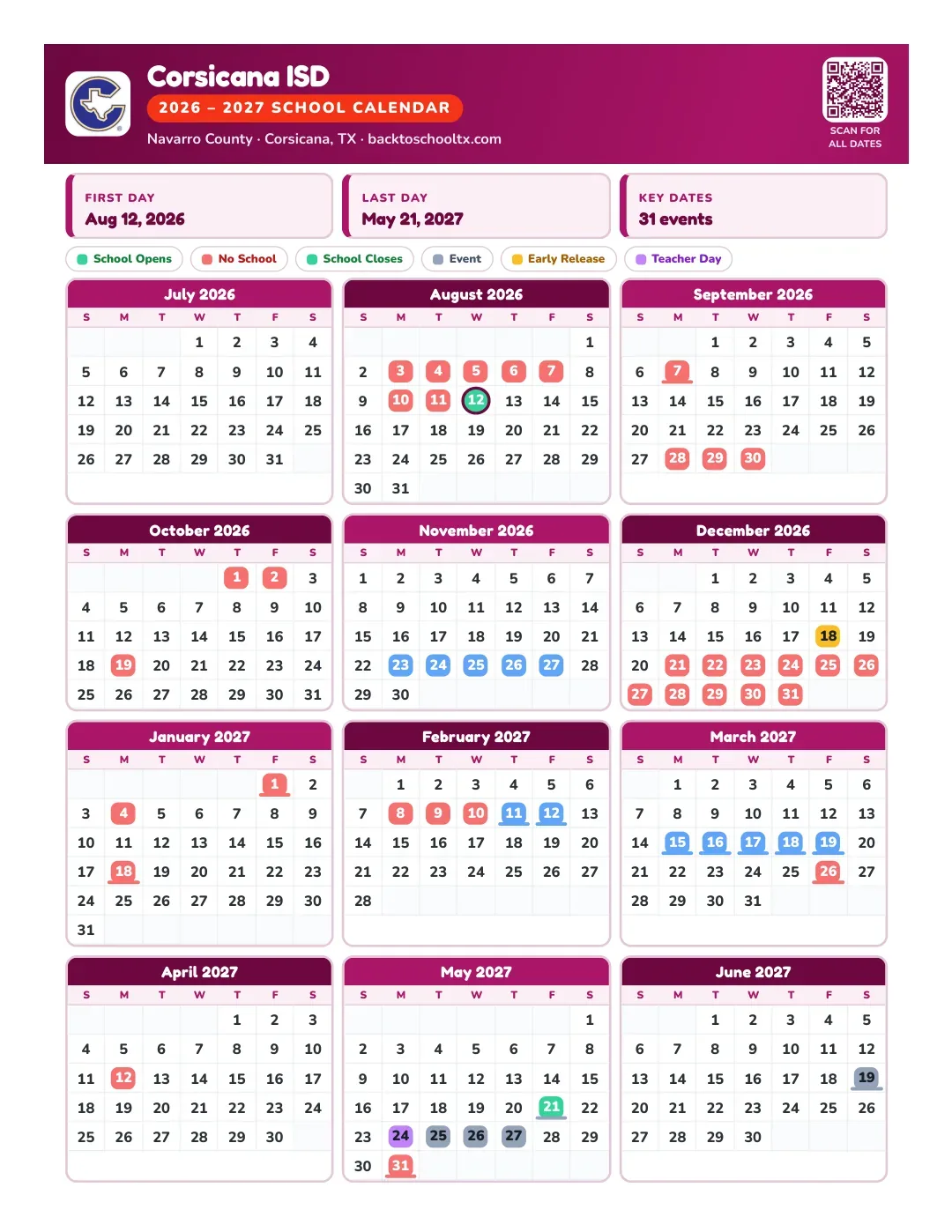 Corsicana ISD Calendar for the Year 26-27