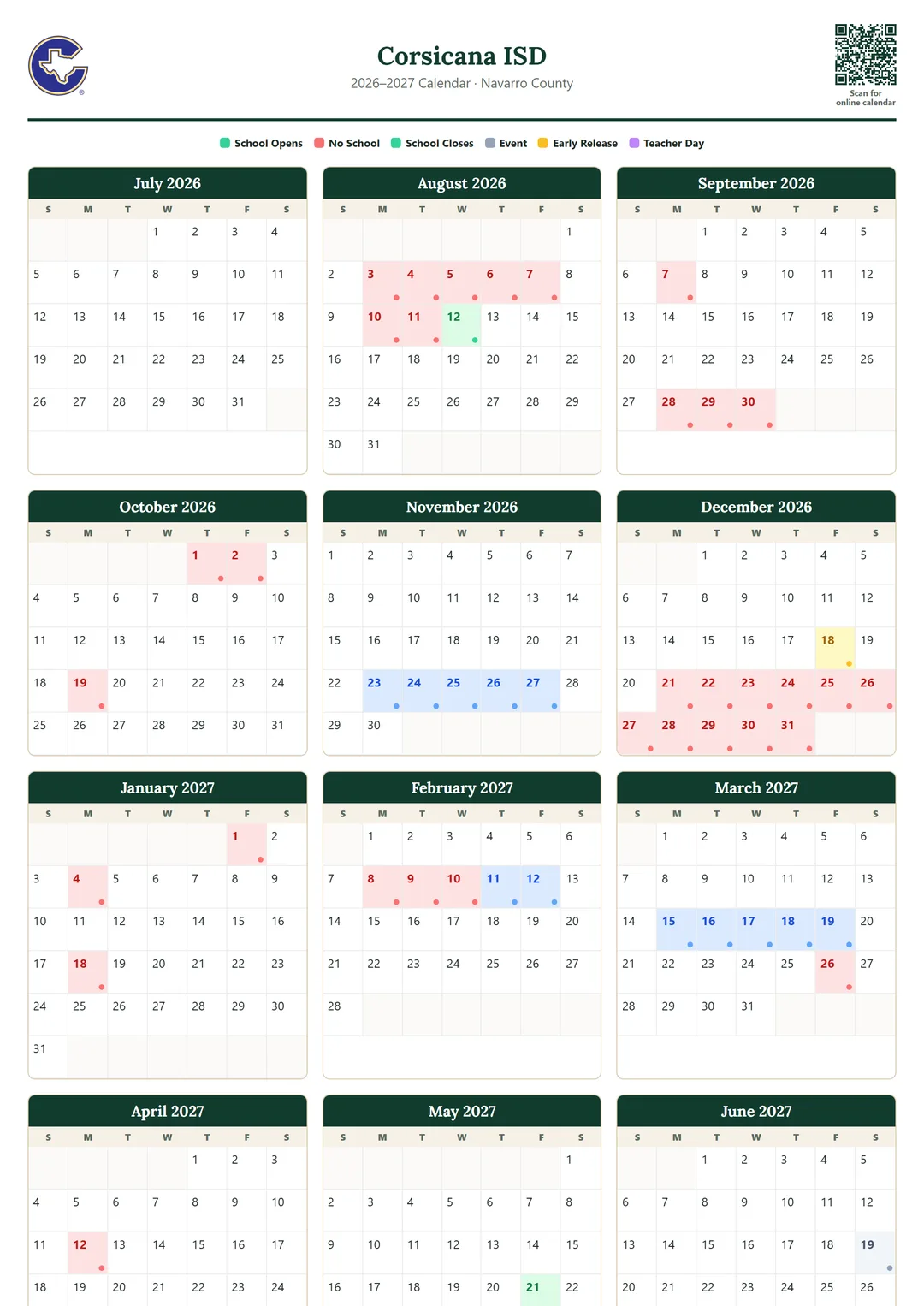 Corsicana ISD printable 2026–2027 calendar