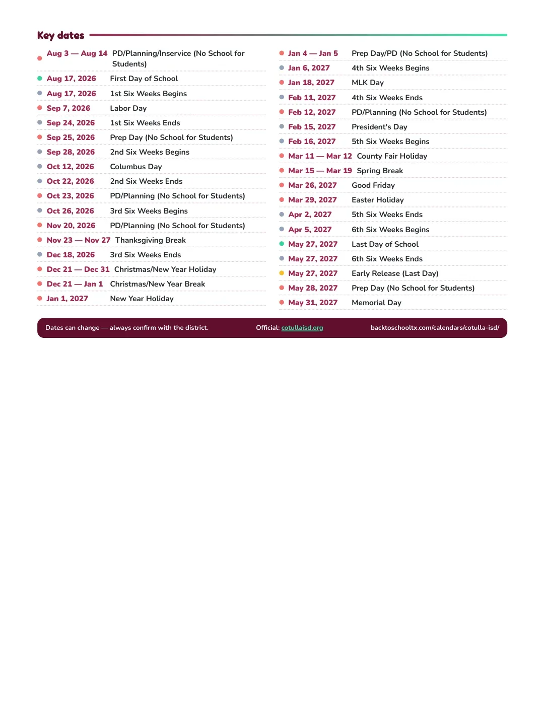 Cotulla ISD Calendar for the Year 26-27 — key dates
