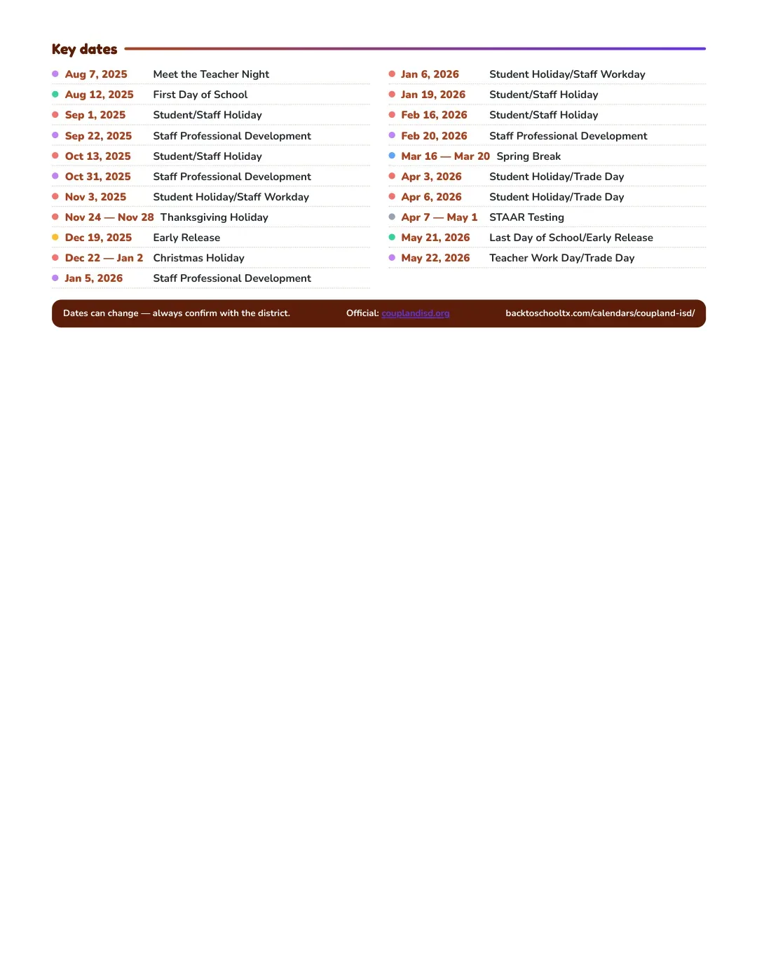 Coupland ISD Calendar for the Year 26-27 — key dates
