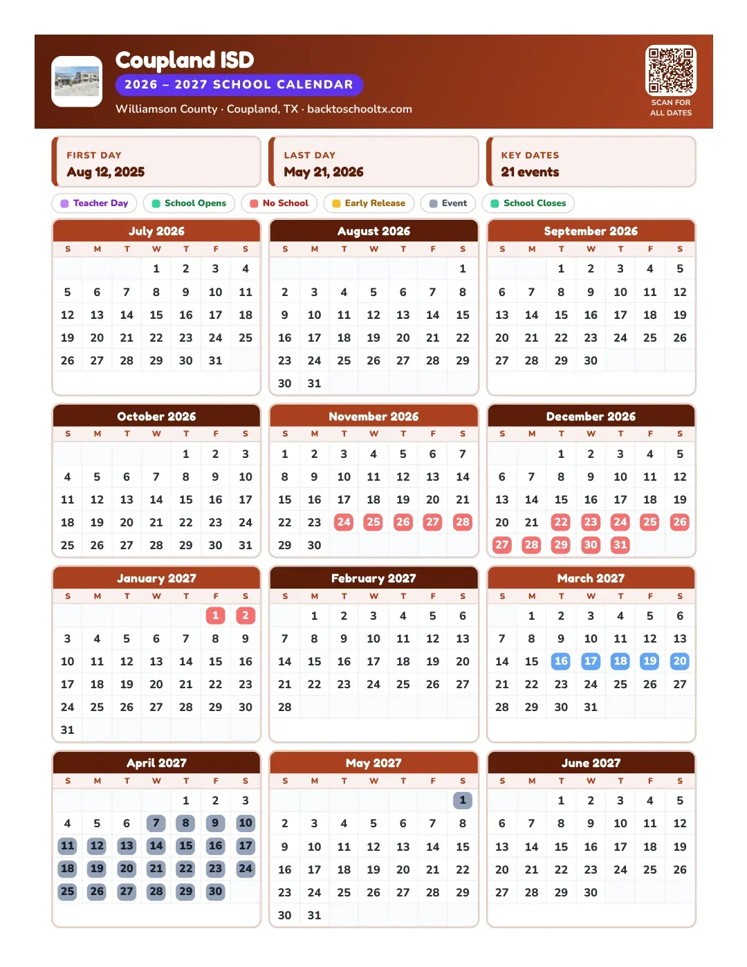 Coupland ISD Calendar for the Year 26-27