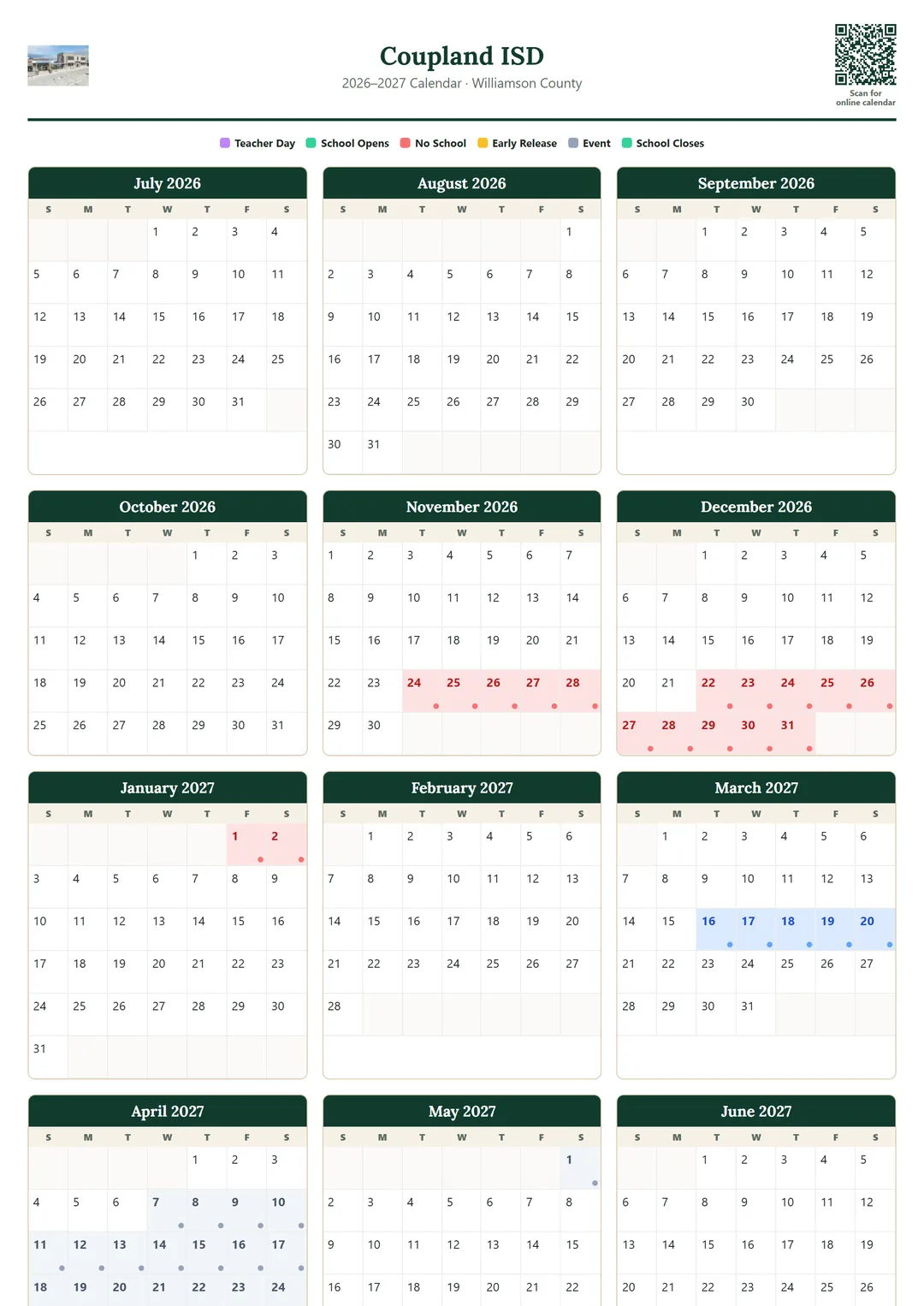 Coupland ISD printable 2026–2027 calendar