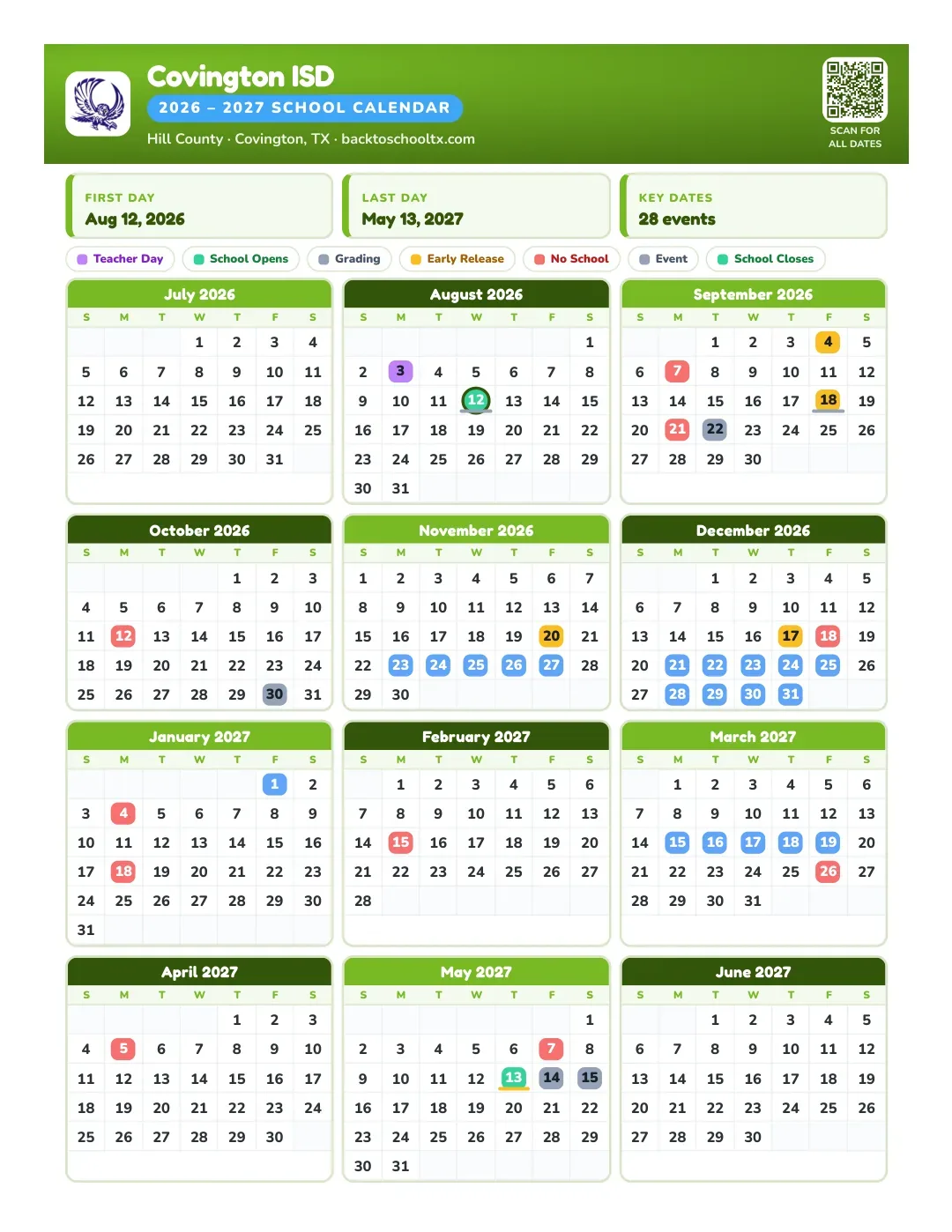 Covington ISD Calendar for the Year 26-27