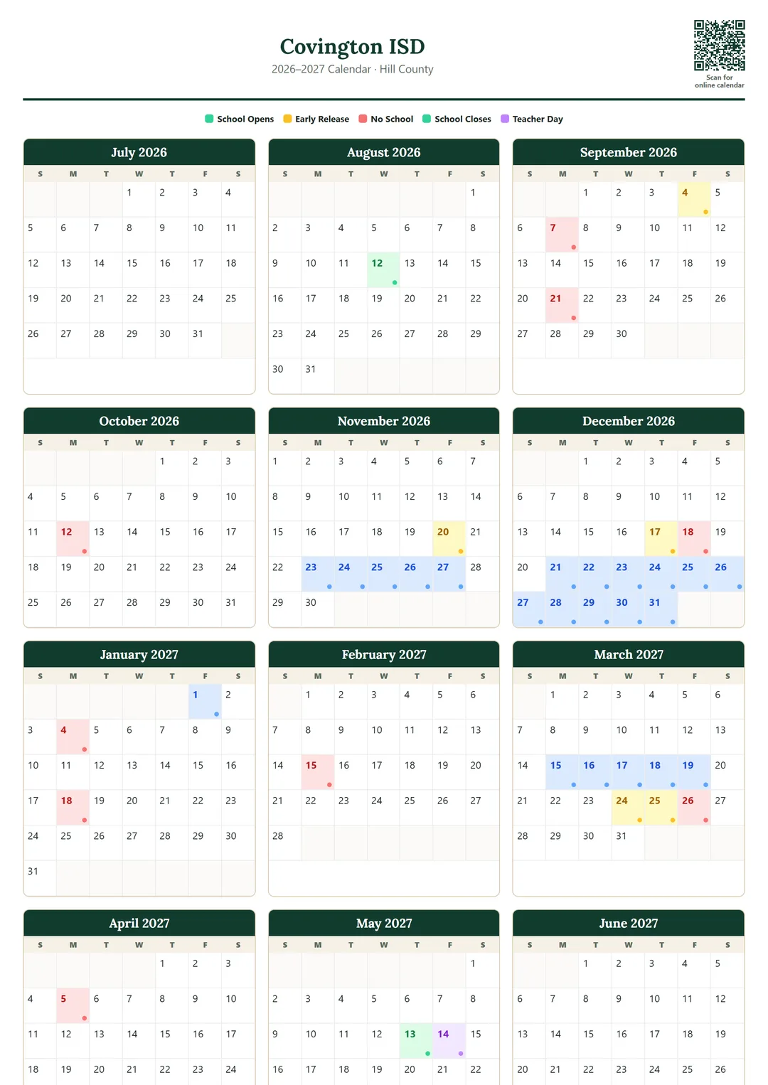 Covington ISD printable 2026–2027 calendar