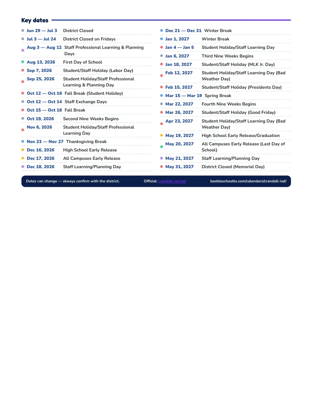 Crandall ISD Calendar for the Year 26-27 — key dates