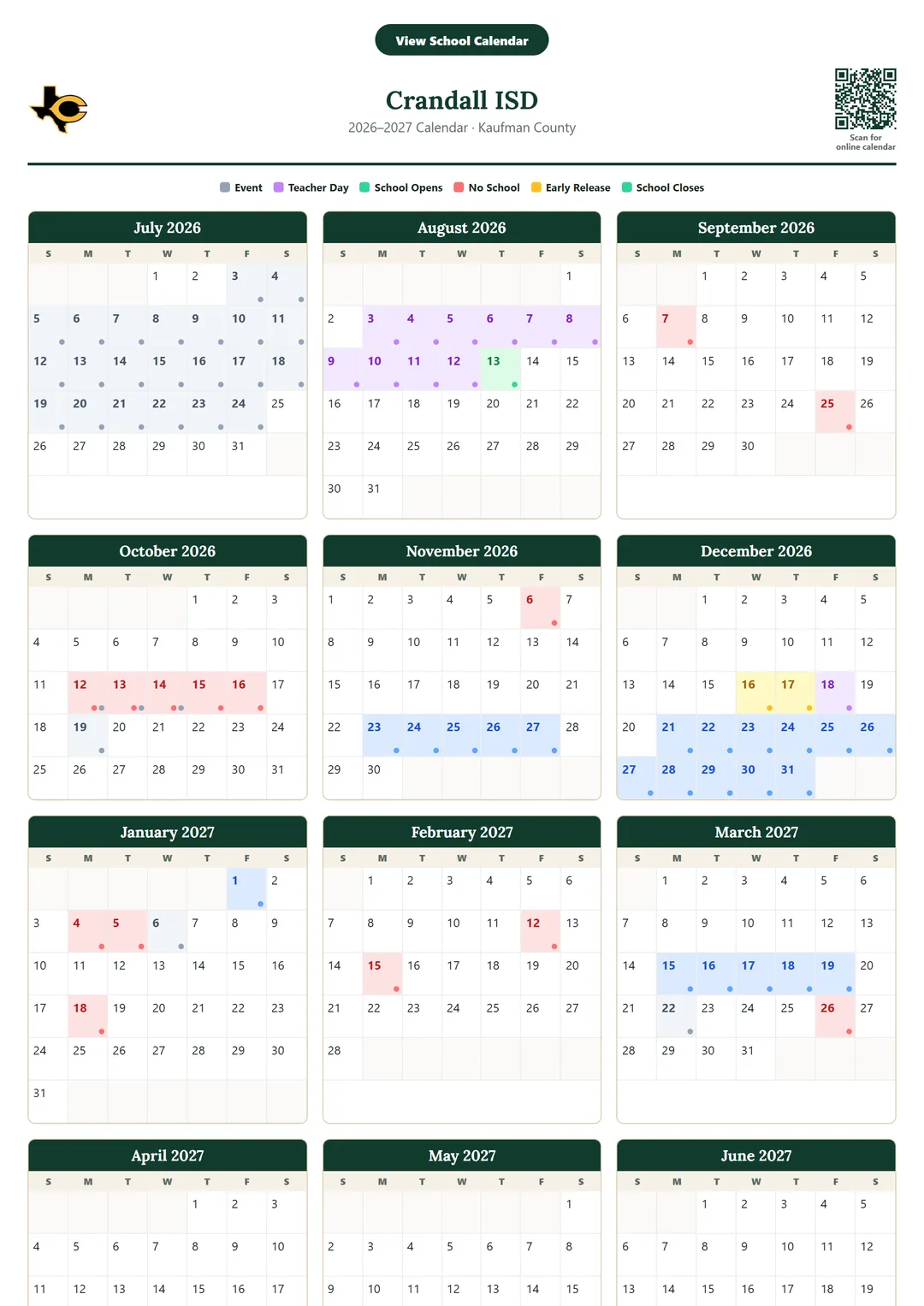 Crandall ISD printable 2026–2027 calendar