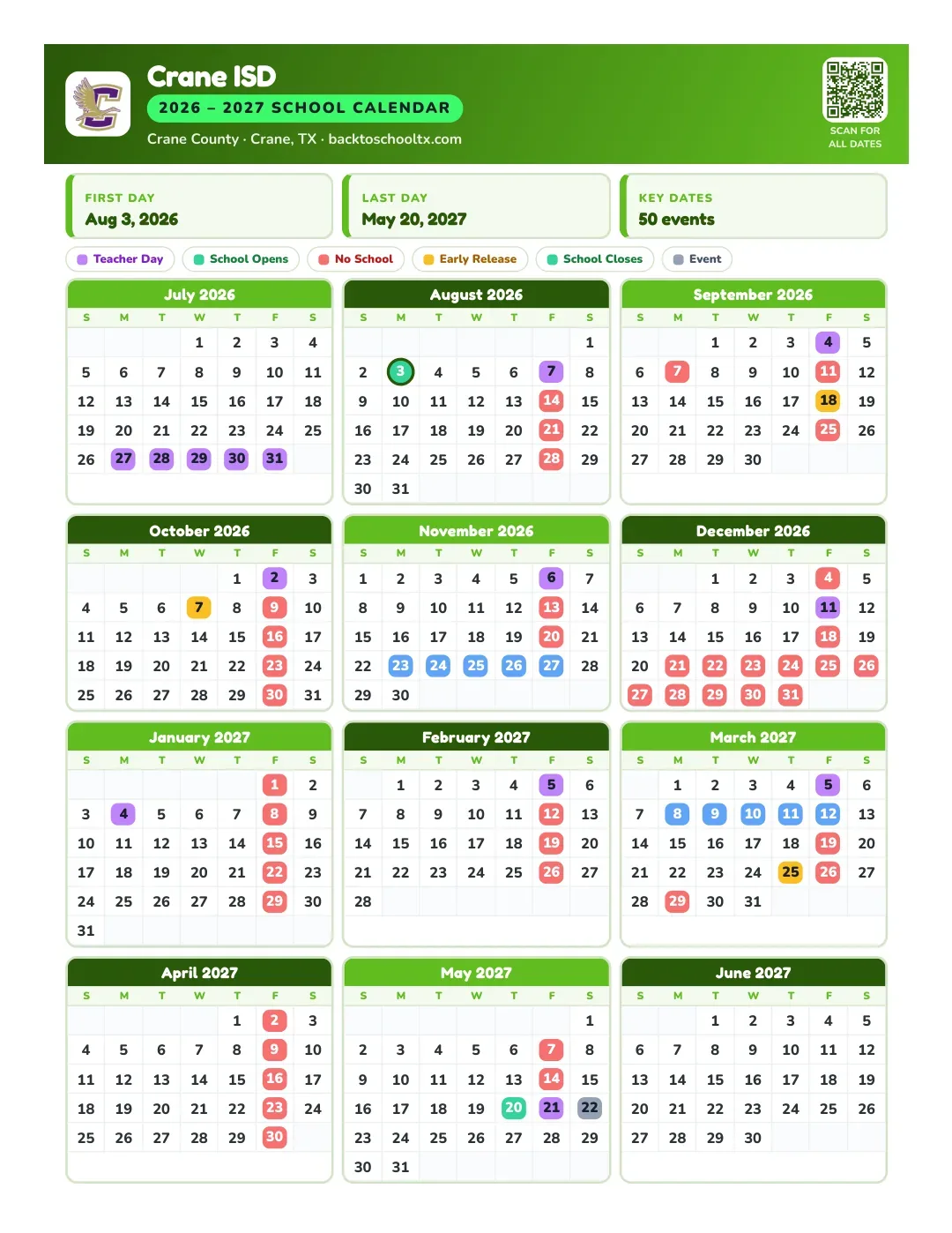 Crane ISD Calendar for the Year 26-27
