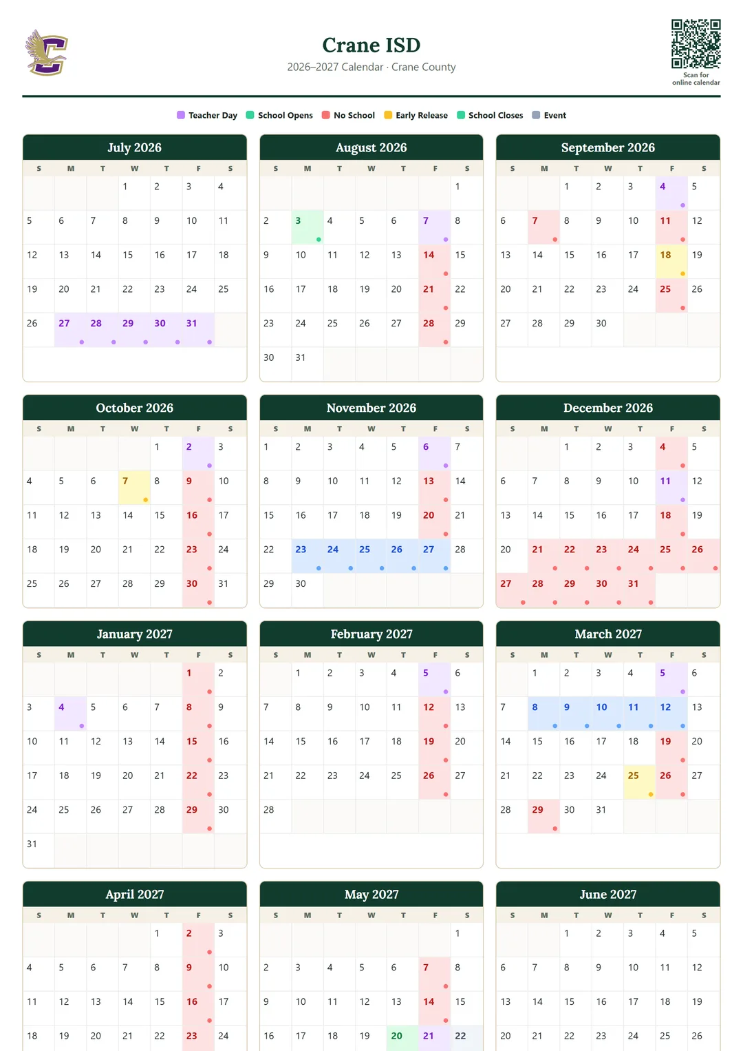 Crane ISD printable 2026–2027 calendar
