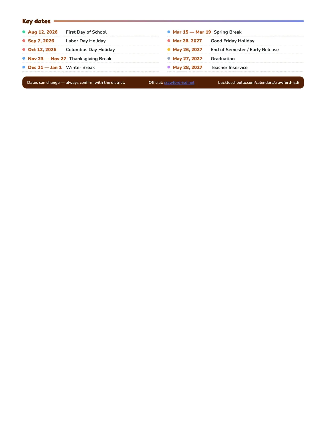 Crawford ISD Calendar for the Year 26-27 — key dates