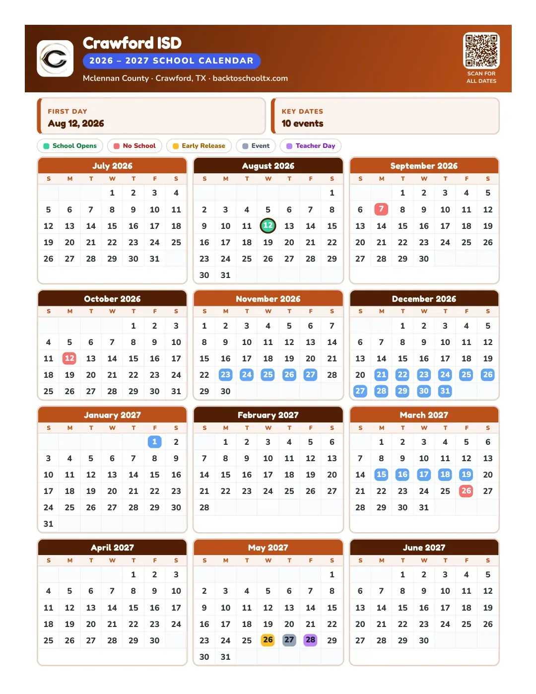 Crawford ISD Calendar for the Year 26-27