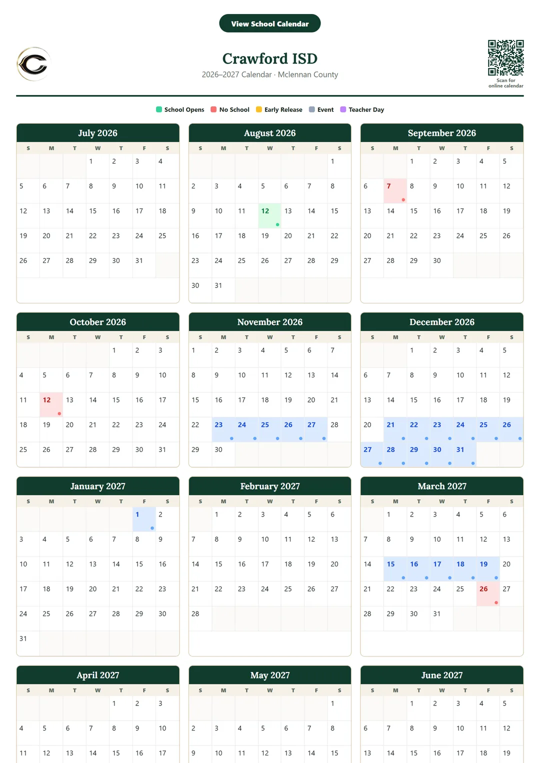 Crawford ISD printable 2026–2027 calendar