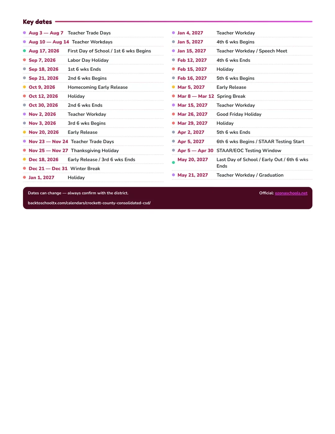 Crockett County Consolidated Csd Calendar for the Year 26-27 — key dates