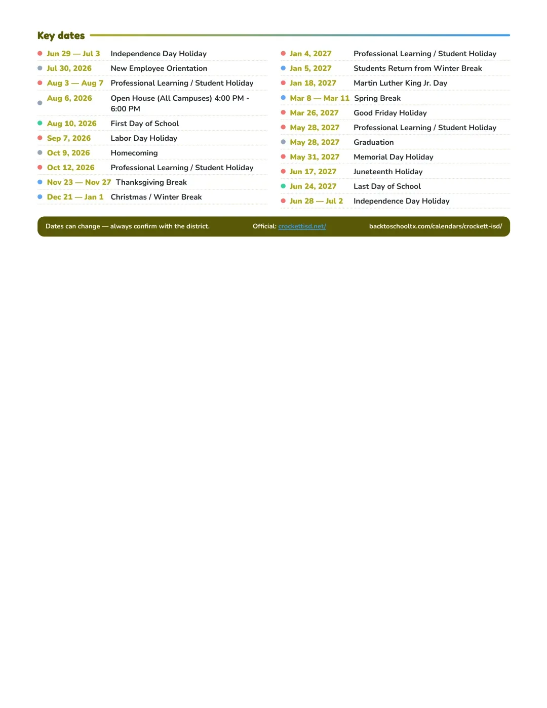 Crockett ISD Calendar for the Year 26-27 — key dates