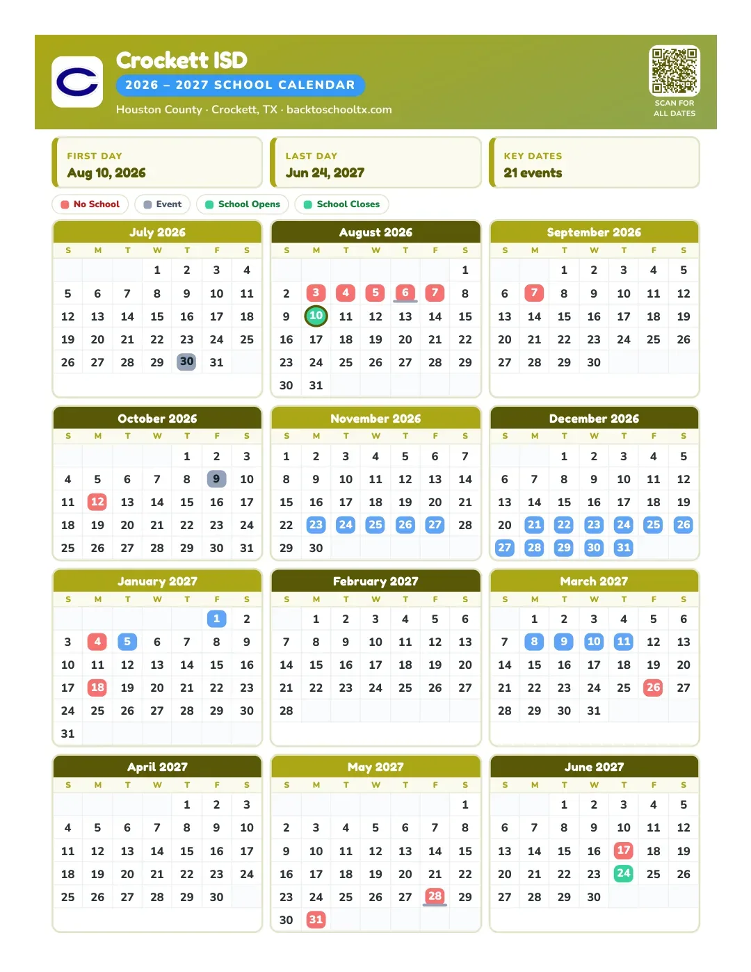 Crockett ISD Calendar for the Year 26-27