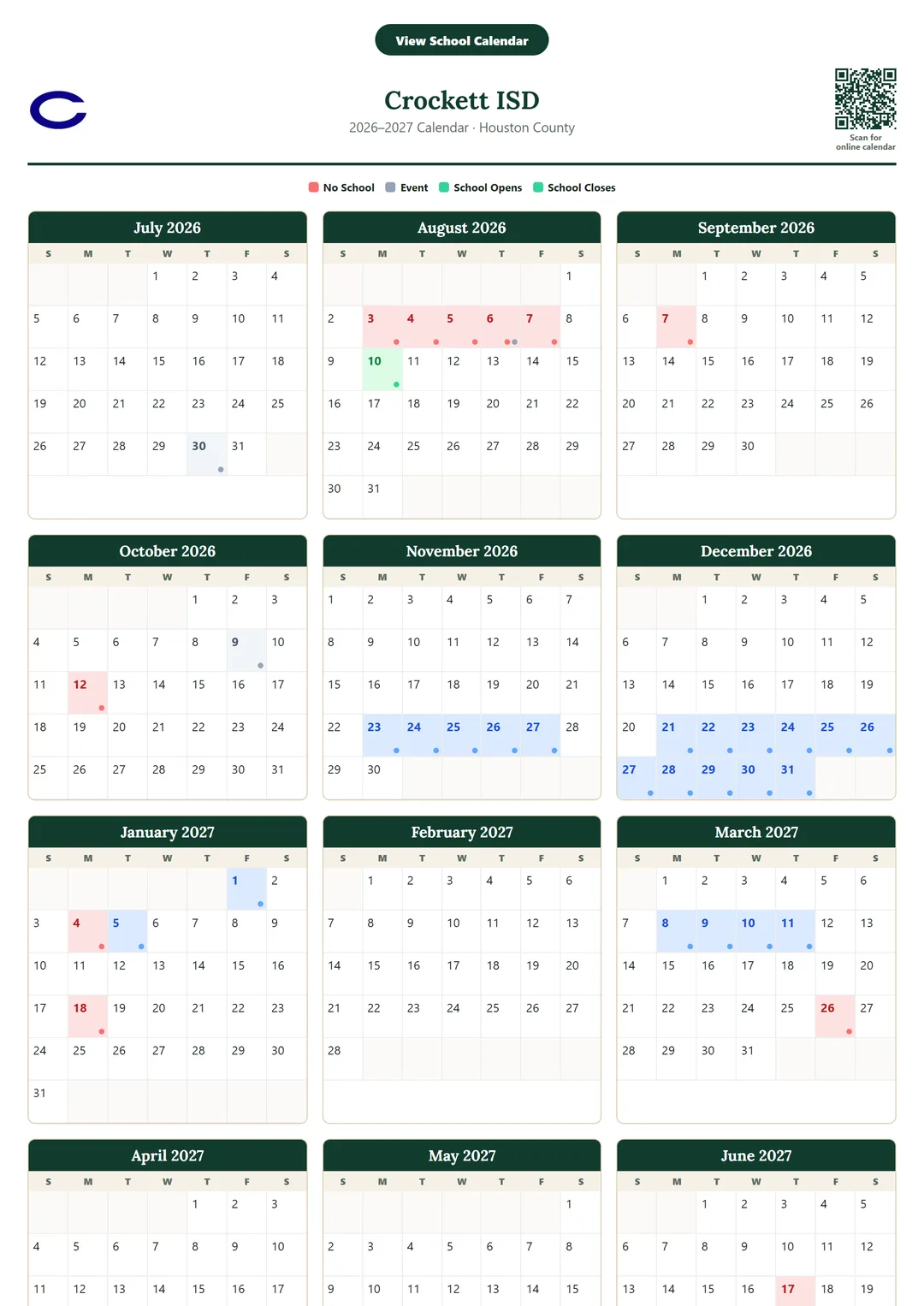Crockett ISD printable 2026–2027 calendar