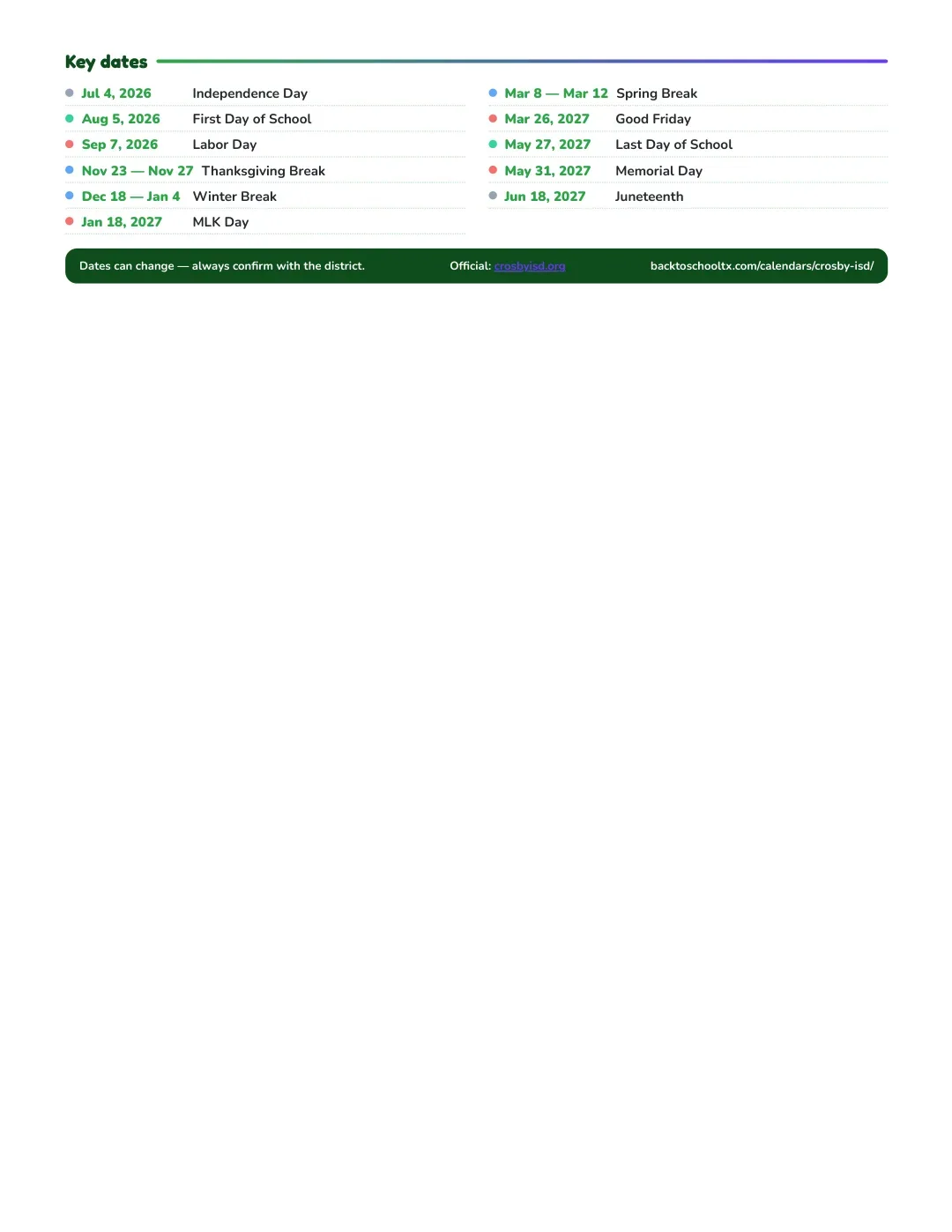 Crosby ISD Calendar for the Year 26-27 — key dates