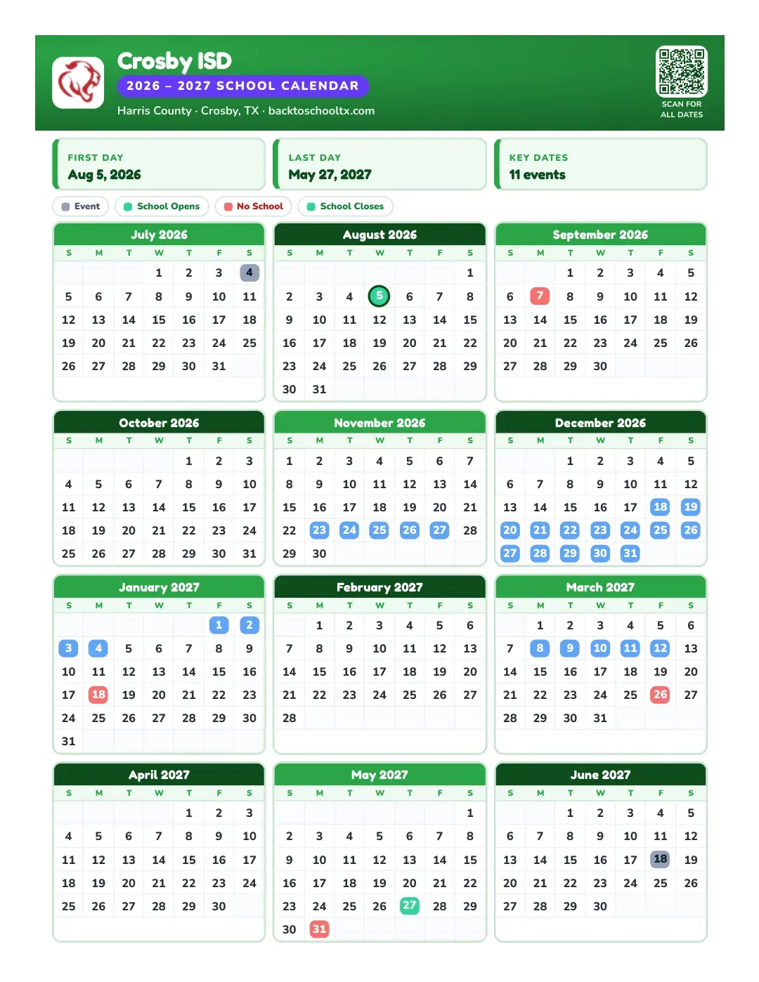 Crosby ISD Calendar for the Year 26-27