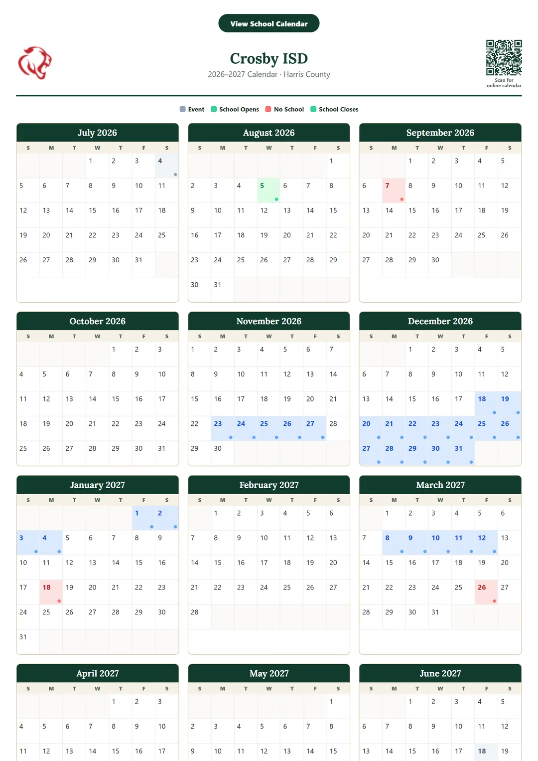 Crosby ISD printable 2026–2027 calendar