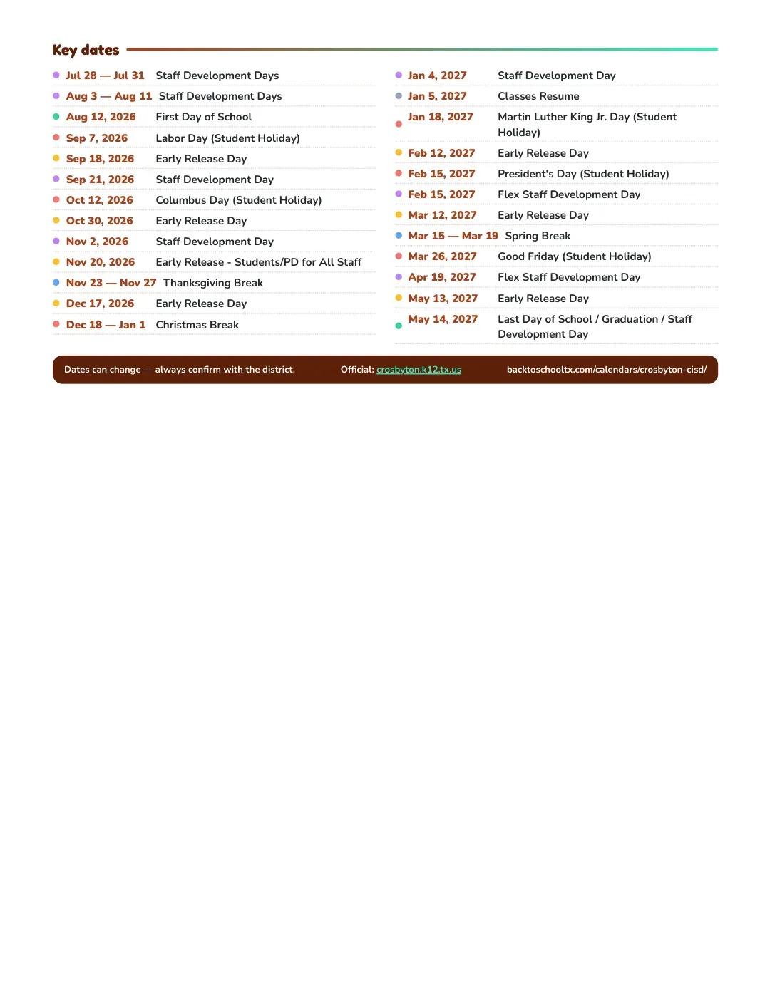 Crosbyton CISD Calendar for the Year 26-27 — key dates