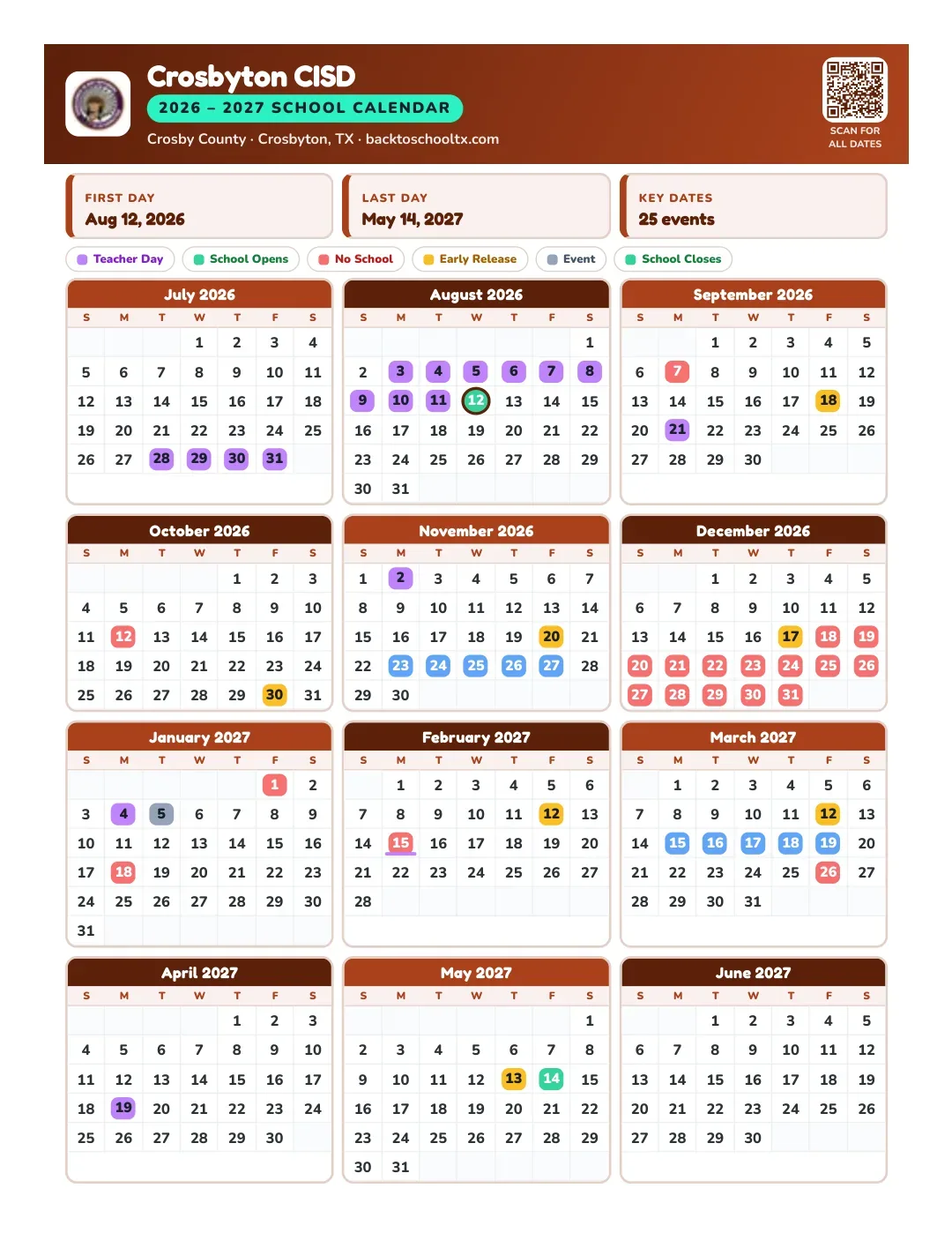 Crosbyton CISD Calendar for the Year 26-27