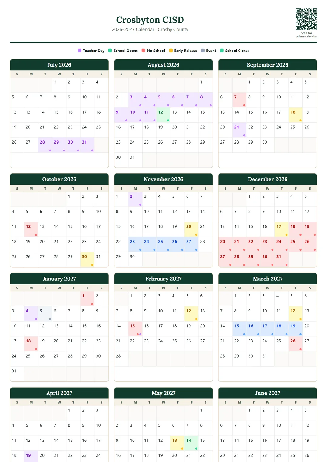 Crosbyton CISD printable 2026–2027 calendar